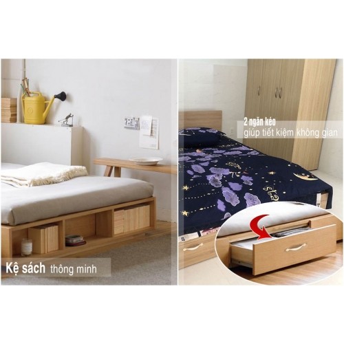 Giường đơn MDF có 2 ngăn kéo và kệ sách đuôi giường 1m2 x 2m